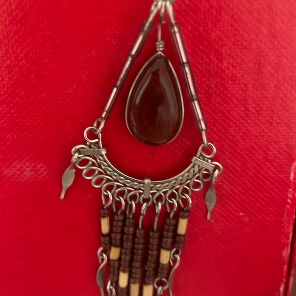 Dangle Earrings - Boho Vintage Silver Tone w/Brown Stone & Beads - 4" - Picture 4 of 7